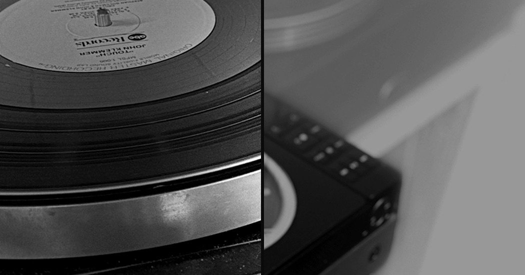 Split photograph comparing a vinyl turntable and a compact disc player