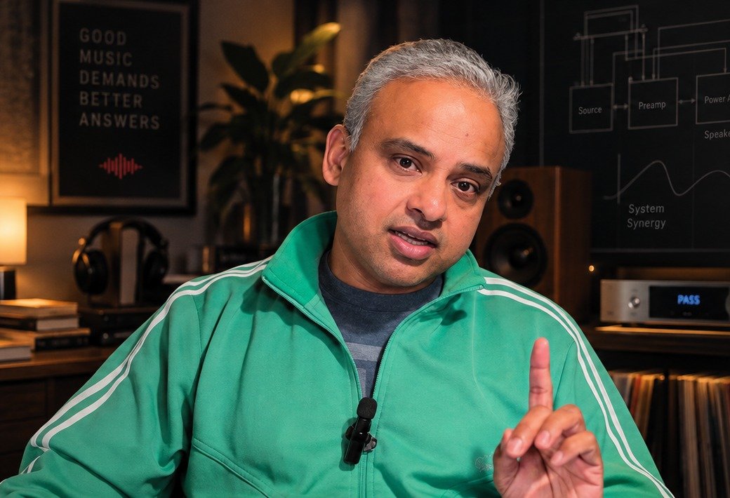 Analogholic host explaining audio technology in a listening room